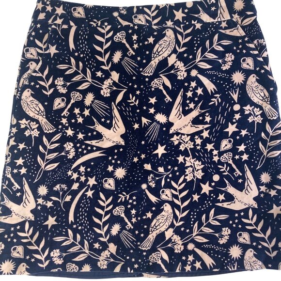 Boden Mimi Velvet Mini Skirt 6 Blue Bird Star Whimsical Print Holiday Festive - Picture 2 of 9